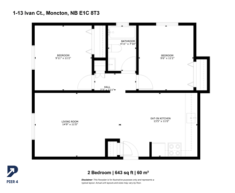 Floor plan for 2 beds, 1 bath, 643 sqft